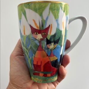 Vintage Goebel Rosina Wachtmeister mug, cats, calla lillies, gold, colorful, 5”